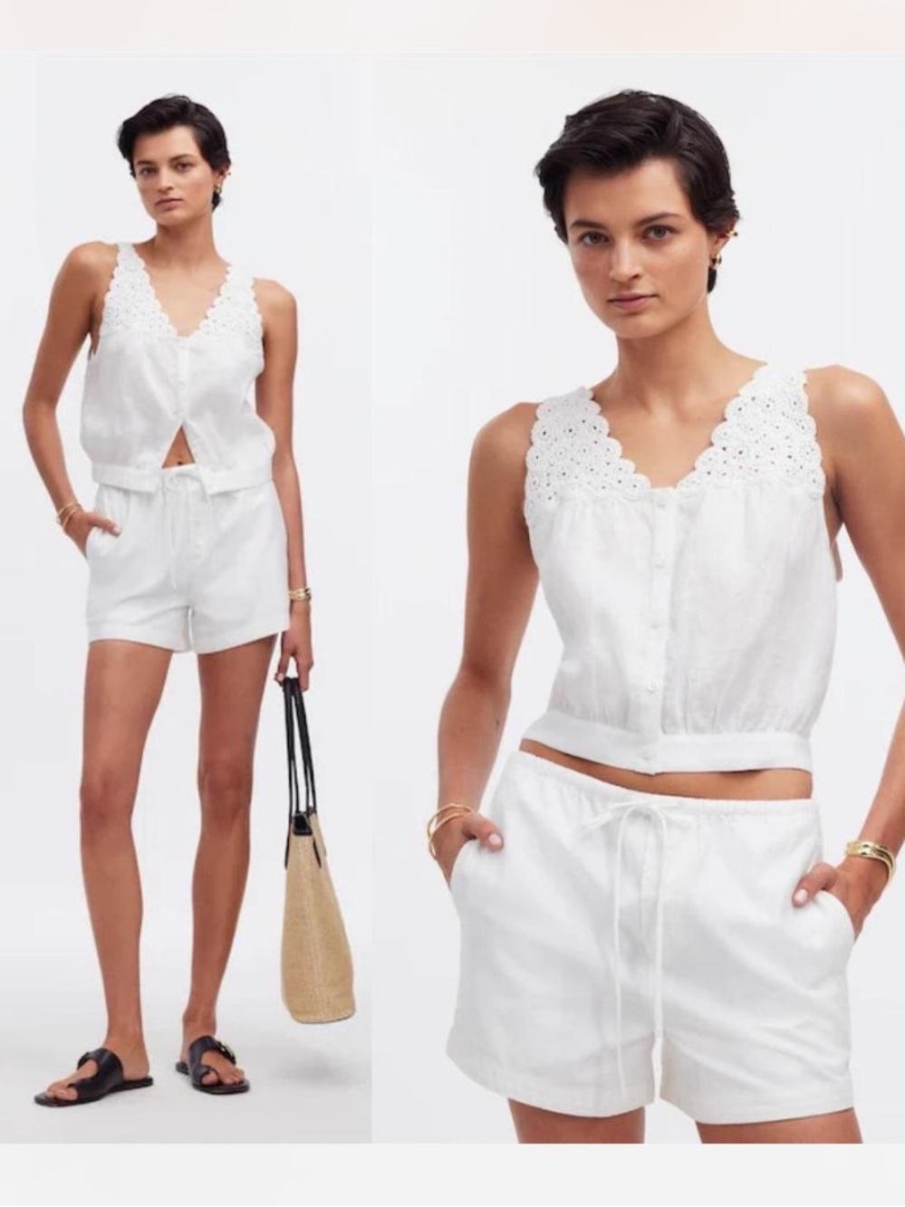 Madewell chrochet linen V neck bubble top size 10 coastal boho cottage white